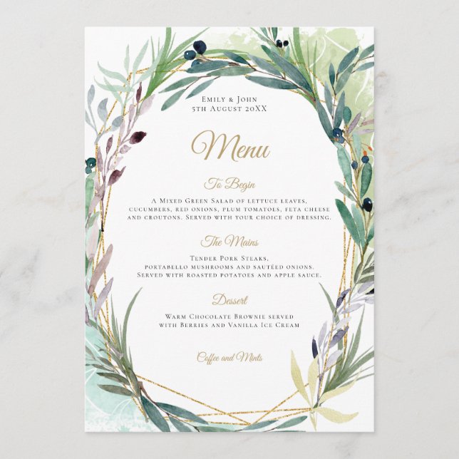 Watercolor Olive Leaf Geometric Frame Wedding Menu (Front)