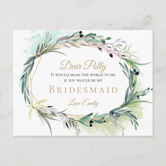Watercolor Olive Leaf Greenery Bridesmaid Request Postcard (Front)