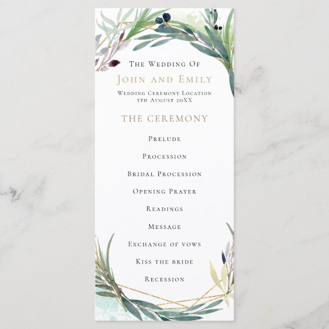 Watercolor Olive Leaves Border Wedding Programme (Front)