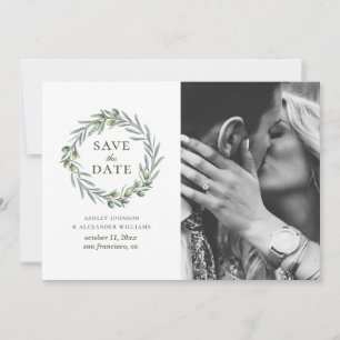 Watercolor olive leaves. Botanical wreath. Italian Save The Date