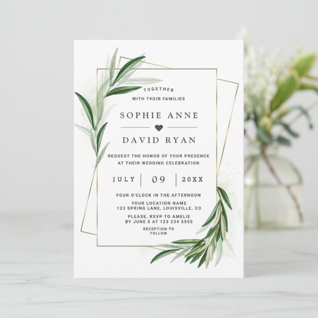 Watercolor Olive Leaves Gold Frame Wedding Invitat Invitation (Standing Front)