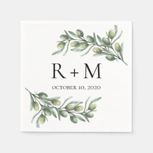 Watercolor olive leaves. Italian summer wedding Napkin