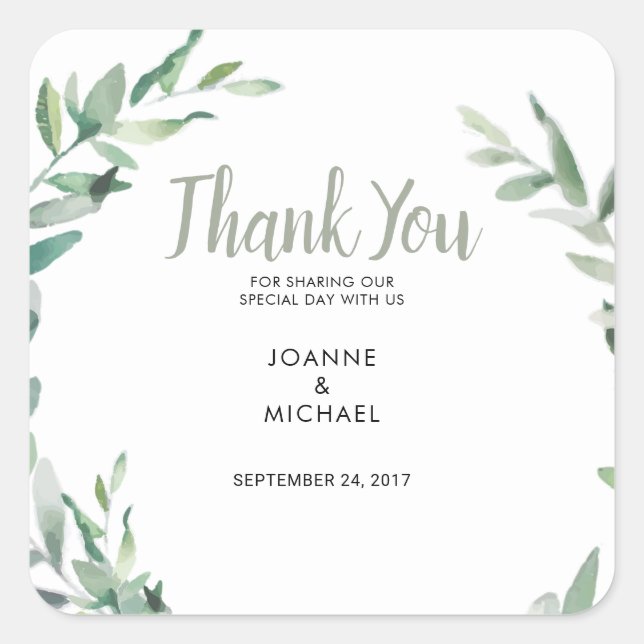 Watercolor olive leaves Wedding Thank You Favour Square Sticker (Front)