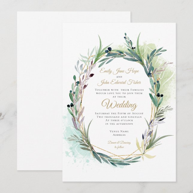 Watercolor Olive Leaves Wreath Geometric Wedding Invitation (Front/Back)