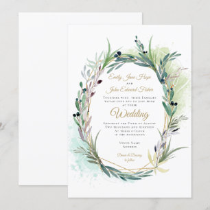 Watercolor Olive Leaves Wreath Geometric Wedding Invitation