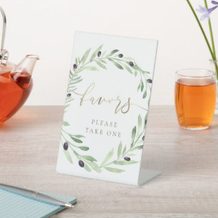 watercolor olive wreath favours pedestal sign