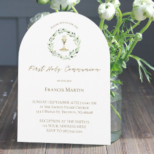 watercolor olive wreath First holy Communion Invitation