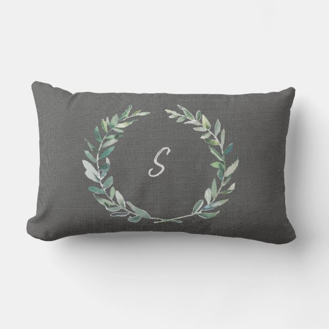 Watercolor olive wreath grey burlap monogram lumbar cushion (Front)