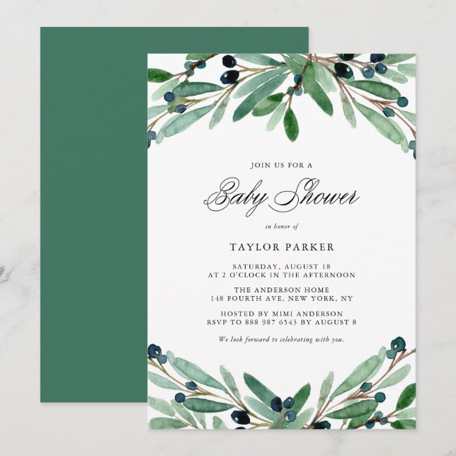 Watercolor Olives and Greenery Baby Shower Invitation (Front/Back)
