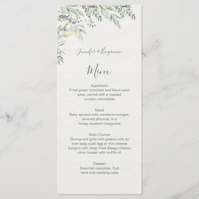 Watercolor Olives and Olive Branches Wedding | Menu (Front)
