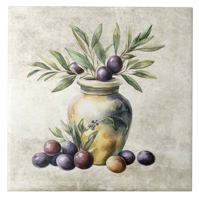 Watercolor Olives in Vase Faux Texture  Tile (Front)