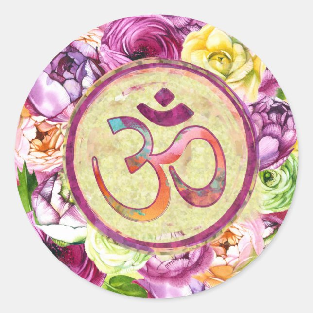 Watercolor OM symbol  with flowers Classic Round Sticker (Front)