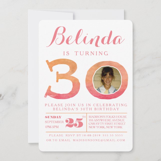 Watercolor Ombre 30th Birthday Party Photo Invite (Front)