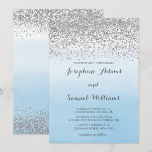 Watercolor Ombre Blue and Silver Glitter Wedding Invitation