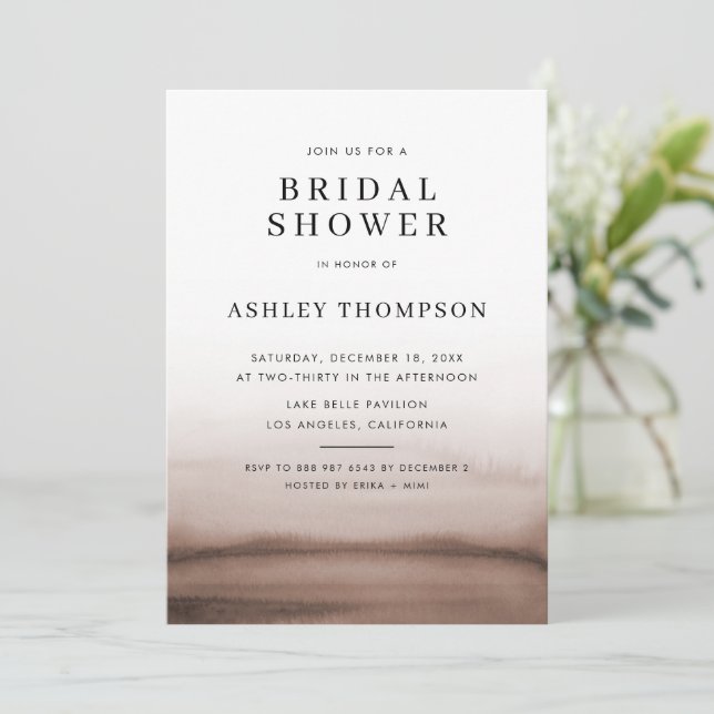 Watercolor Ombre Brown Modern Bridal Shower Invitation (Standing Front)