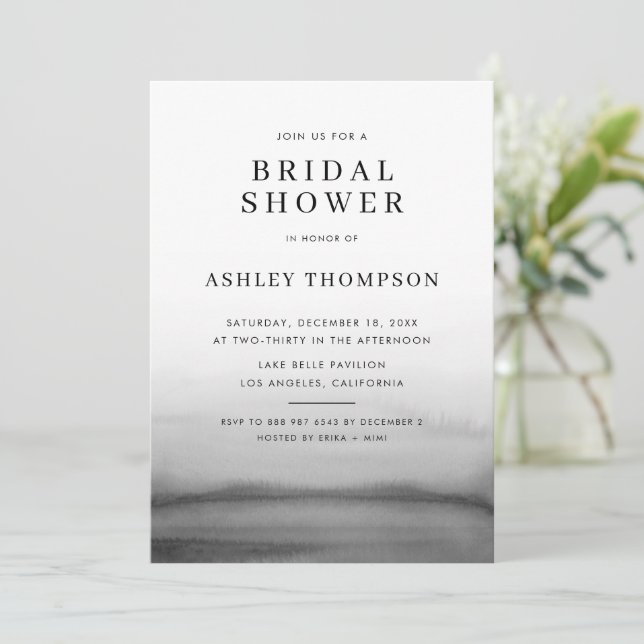 Watercolor Ombre Dark Grey Modern Bridal Shower Invitation (Standing Front)