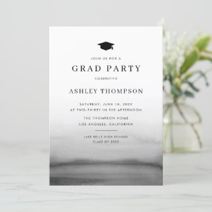 Watercolor Ombre Dark Grey Modern Graduation Party Invitation