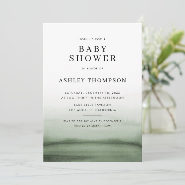 Watercolor Ombre Green Modern Baby Shower Invitation (Standing Front)