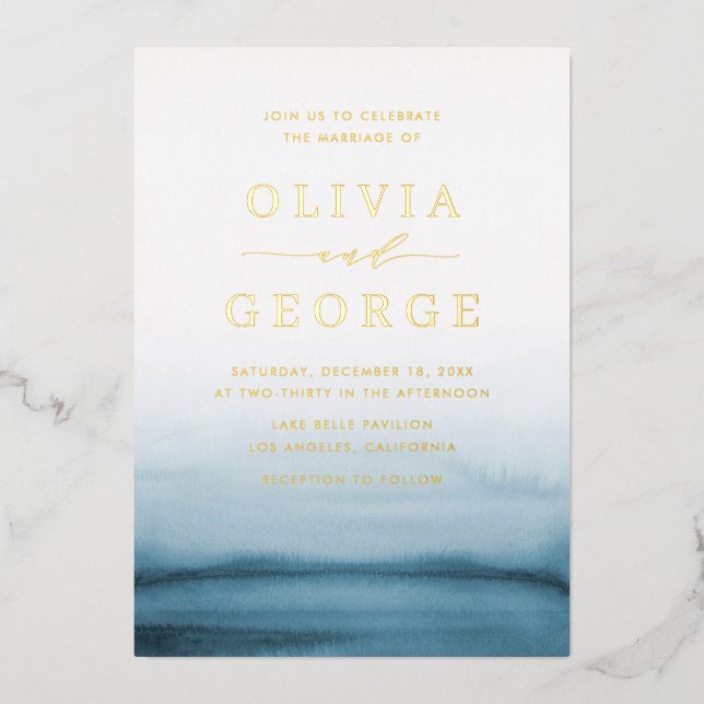 Watercolor Ombre Navy Blue Modern Wedding (Front)