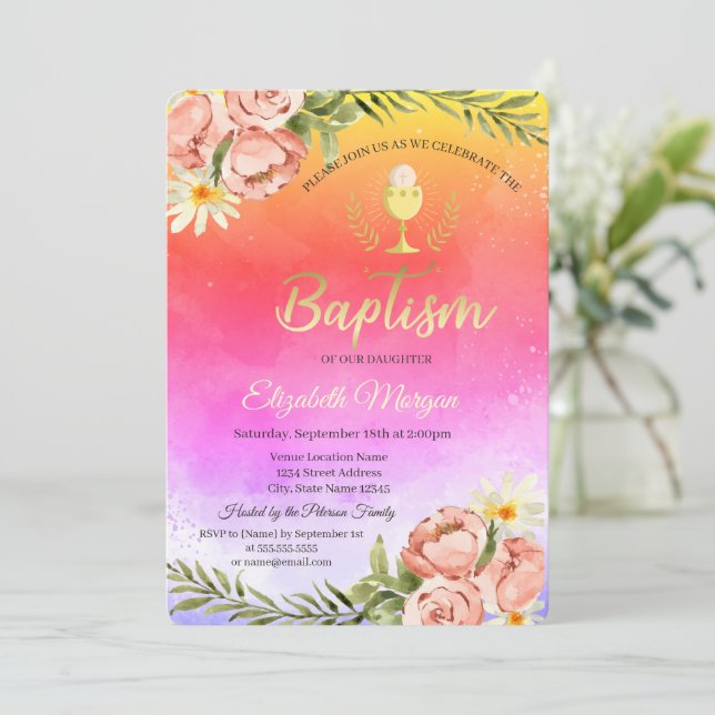 Watercolor Ombre Paint Splash Baptism  Invitation (Standing Front)