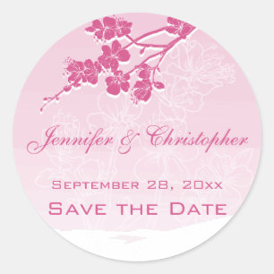 Watercolor Ombre Pink Spring Blossom Save the Date Classic Round Sticker