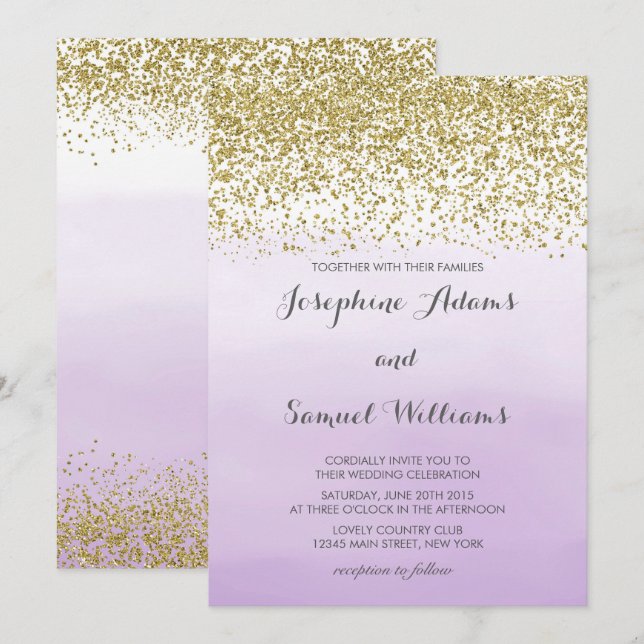 Watercolor Ombre Purple and Gold Glitter Wedding Invitation (Front/Back)