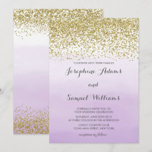 Watercolor Ombre Purple and Gold Glitter Wedding Invitation