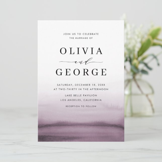 Watercolor Ombre Purple Modern Wedding Invitation (Standing Front)