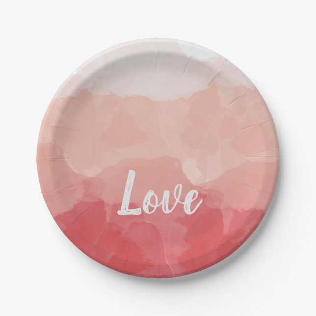 Watercolor Ombre Red and Pink Gradient Love Paper Plate (Front)