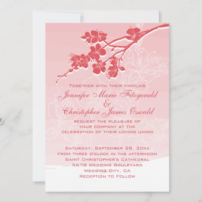 Watercolor Ombre Red Spring Blossoms Wedding Invitation (Front)