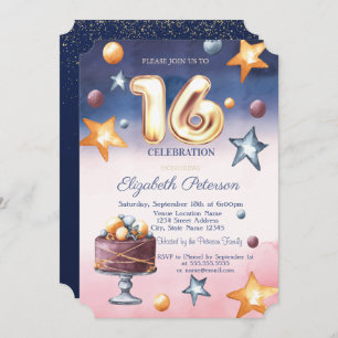 Watercolor Ombre Stars Cake Sweet 16 Invitation