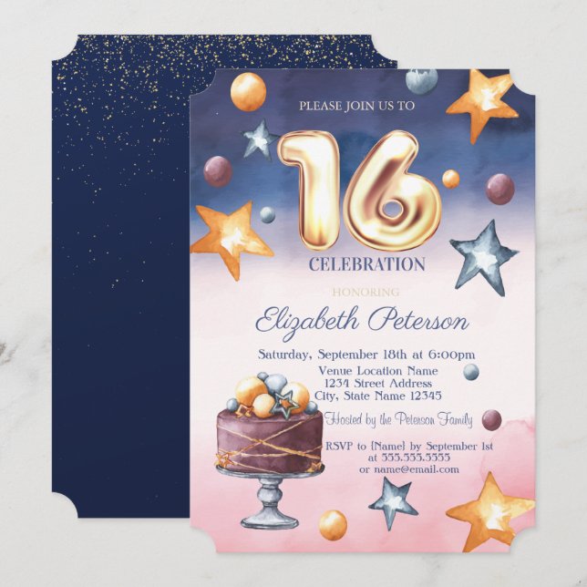 Watercolor Ombre Stars Cake Sweet 16 Invitation (Front/Back)