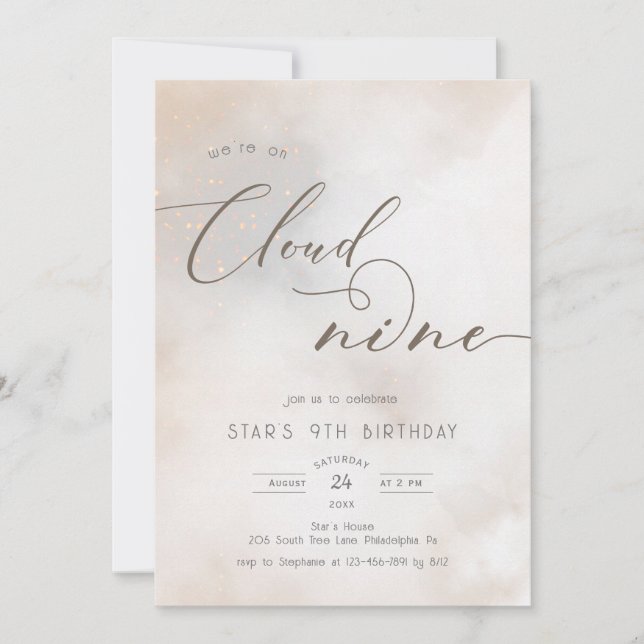 Watercolor On Cloud 9 9th Birthday Invitation (Front)