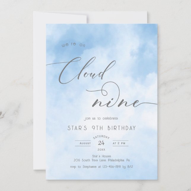 Watercolor On Cloud 9 9th Birthday Invitation (Front)