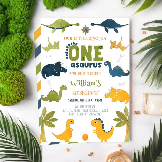 Watercolor One-A-Saurus Dinosaur 1st Birthday Invitation (Creator Uploaded)