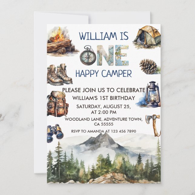 Watercolor One Happy Camper Woodland 1st Birthday Invitation (Front)