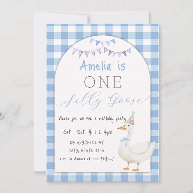Watercolor One Silly Goose Gingham 1st Birthday Invitation (Front)