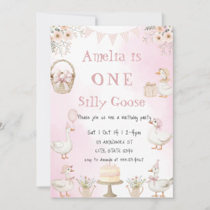 Watercolor One Silly Goose Pink Gingham Birthday Invitation