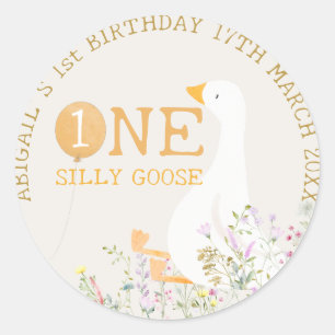 Watercolor One Silly Goose Wildflower 1st Birthday Classic Round Sticker