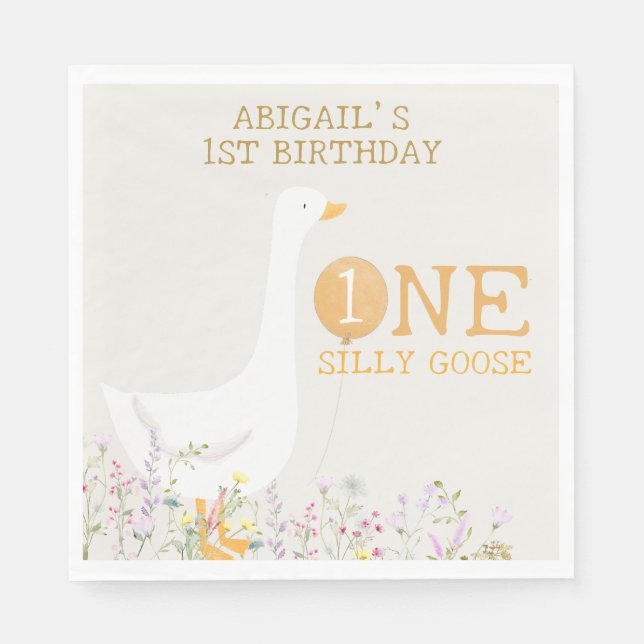 Watercolor One Silly Goose Wildflower 1st Birthday Napkin (Front)