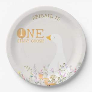 Watercolor One Silly Goose Wildflower 1st Birthday Paper Plate