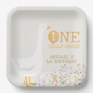 Watercolor One Silly Goose Wildflower 1st Birthday Paper Plate