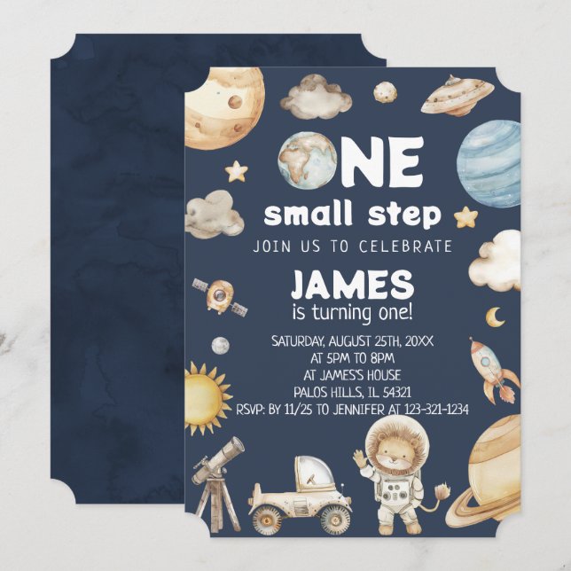 Watercolor One Small Step Space Animals Birthday Invitation (Front/Back)