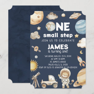 Watercolor One Small Step Space Animals Birthday Invitation