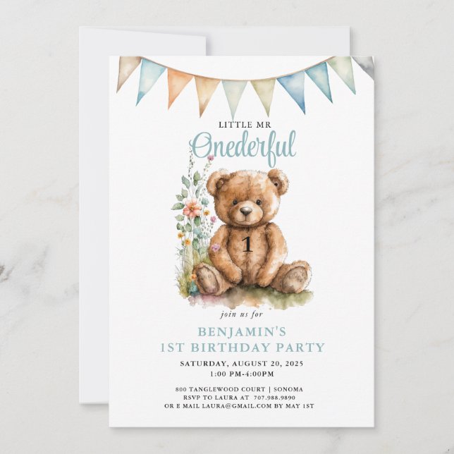 Watercolor Onederful Teddy Bear Boy 1st Birthday Invitation (Front)