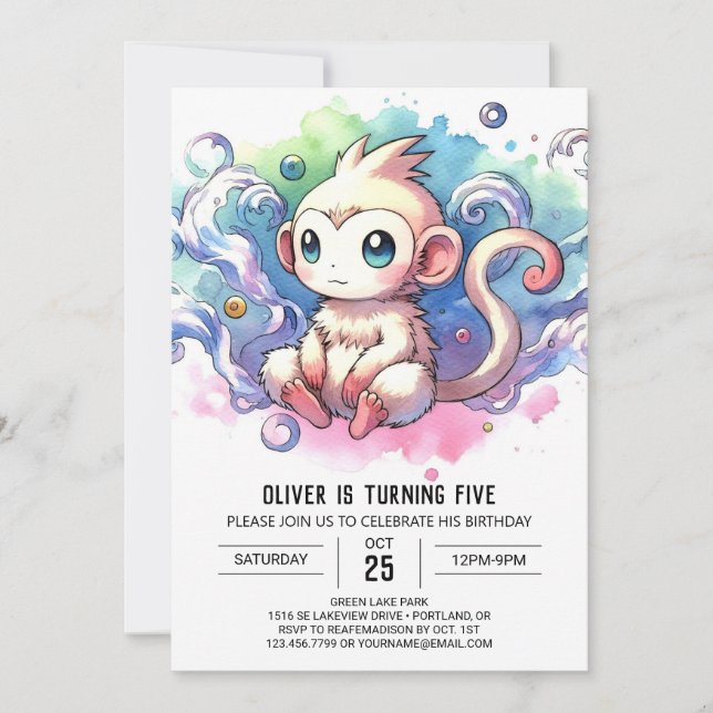 Watercolor Online Monkey Birthday Invitation (Front)