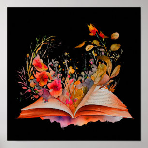 Watercolor Open book with flowers  Poster