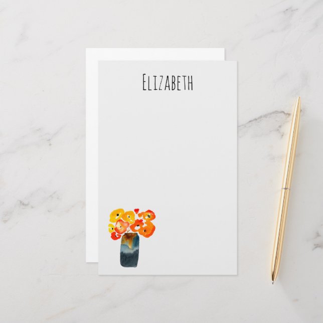 Watercolor orange and red poppies stationery (Front/Back In Situ)