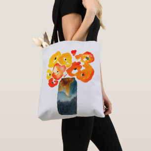 Watercolor orange and red poppies tote bag