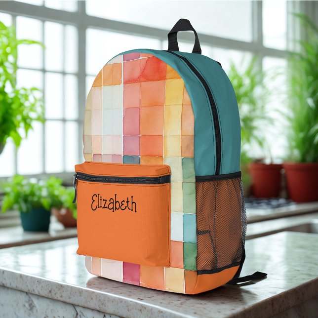 Watercolor Orange and Teal Plaid Printed Backpack (Creator Uploaded)